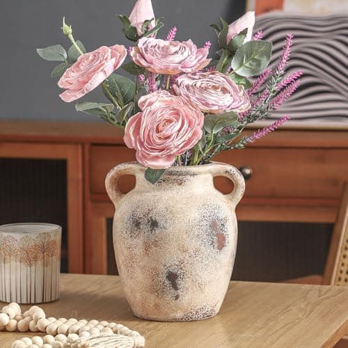 Enra Rustic Farmhouse Vase with Handle,7.8 Inch Pottery Decorative Flower Vase for Home Decor,Large Vintage Terracotta Vase for Table, Living Room, Bathroom Decoration, Shelf Decor, Mantel - Image 1