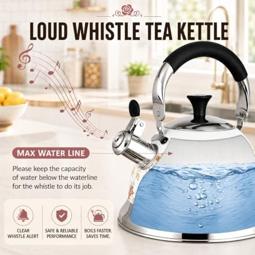 Tinlon Enamel Tea Kettle, 3.1QT Floral Whistling Tea Kettle for Stovetop - Thumbnail 5
