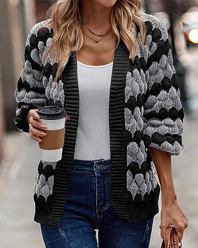 KIRUNDO Cardigan for Women Fall Lantern Sleeve Color Block Striped Cable Knitted Cardigan Casual Loose Open Sweater Jacket Winter Coat(Grey, Medium) - Thumbnail 4