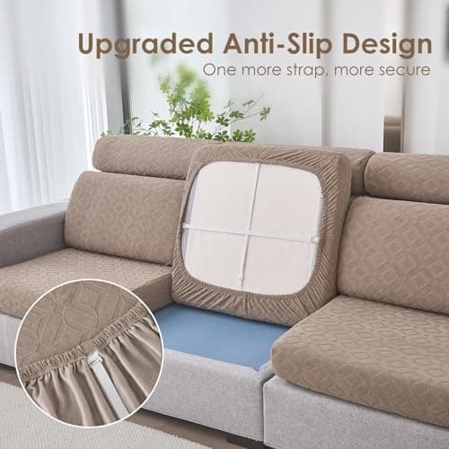 Couch Cushion Covers Waterproof, Couch Covers for 3 Cushion Couch Sofa Pet Friendly, Stretch Sectional Couch Covers Non Slip, Washable, Sofa Slipcovers with Elastic Bottom (3 Seater + 1 Chaise) - Thumbnail 4