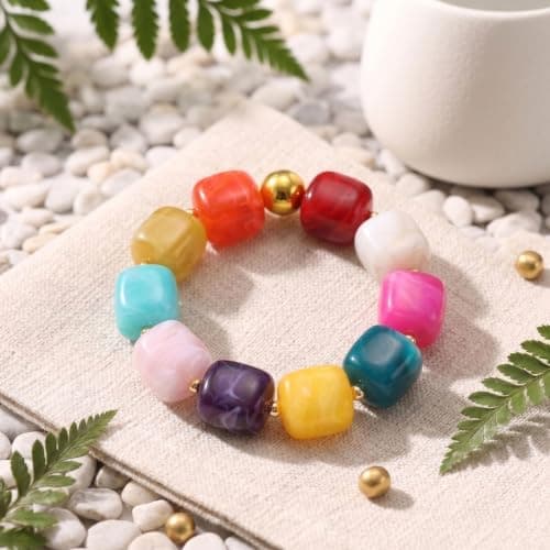 chorfla Boho Beaded Bracelet for Women,Colorful Rainbow Chunky Resin Elastic Bracelet, Handmade Style Summer Jewelry Gift - Thumbnail 5