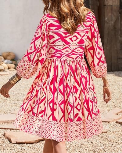 BTFBM Womens Summer Dresses 2026 Casual V Neck 3/4 Long Sleeve Ruffle Floral Flowy Boho Babydoll Mini Spring Beach Dress(Print Rose Red, Small) - Thumbnail 4