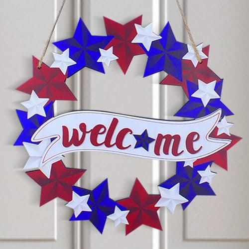 Oeyliz July 4th Wreath Patriotic Memorial Day Wooden Patriotic Wreath Memorial Day Fourth of July Door Decorations Front Door Welcome Sign Hanging Decor Porch Home Wall Outside Decor - Image 1