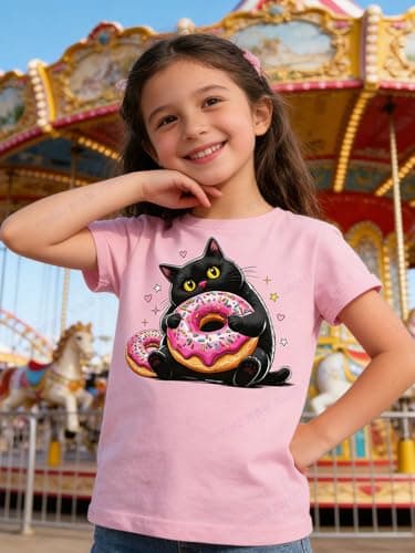 Funnycokid Little Girls Shirt Size 6 7 Kids Pink Tees Black Cat Donuts Animal Children Cute T-Shirt Graphic Short Sleeve Clothes Tops - Thumbnail 6