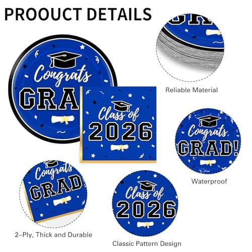 Labrostar Graduation Decorations 2026 Class of 2026 Congrats Grad Disposable Paper Plates Luncheon Napkins Cocktail Napkins Blue Graduation Party Supplies Serve 50 - Thumbnail 5