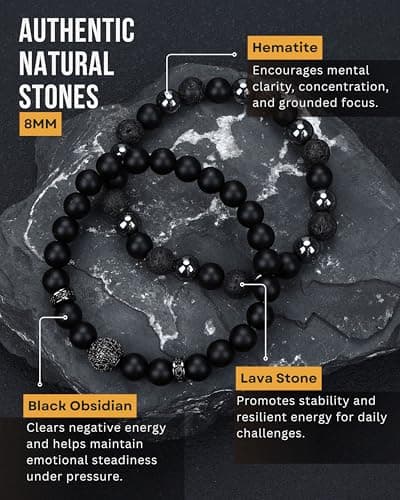 WestLuna Black Obsidian Bracelet for Men - Triple Protection Bracelets, Obsidian Hematite Lava Stone 8MM Natural Stone Beaded Bracelet for Men Jewelry Gifts (Small) - Thumbnail 3