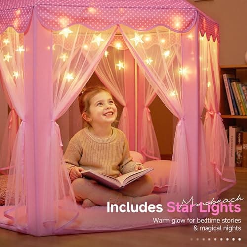 Monobeach Princess Tent Girls Large Playhouse Kids Castle Play Tent with Star Lights Toy for Children Indoor and Outdoor Games, 55'' x 53'' (DxH) (Pink Princess with Play Mat) - Thumbnail 3