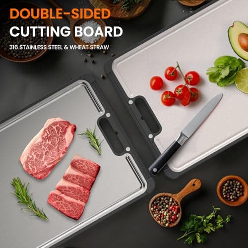 Premium 316 Stainless Steel Cutting Board for Kitchen Extra Large 16.9" x 11.8" Best Non-Toxic Chopping Board for Meat Food-Grade Metal & Eco-Friendly Wheat Straw Dual-Sided Healthy Kitchen Essential - Thumbnail 4