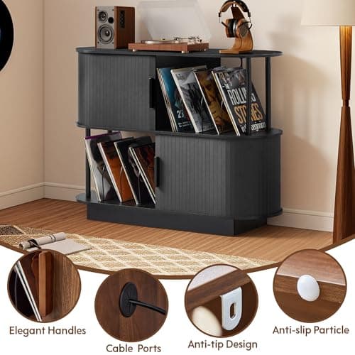 Modern Record Player Stand With Vinyl Storage, 40" Black Turntable Storage Stand with Sliding Door & Record Holder, Corner Rock Jazz BluesMusic Organize Cabinets for Living Room (Black, No-Socket) - Thumbnail 4
