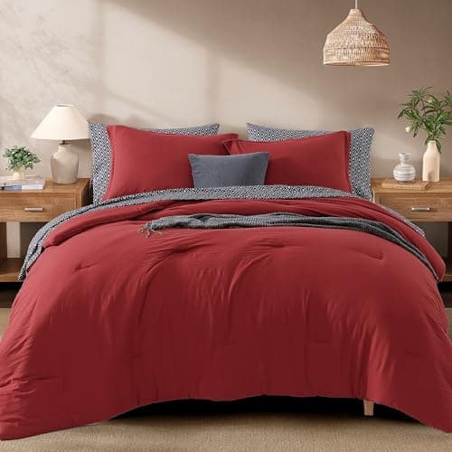 Monbix Queen Comforter Set - 7 Pieces Bright Red Prewashed Bed in a Bag Queen Bedding Sets with Comforters, All Seasons Ultra Soft Comforter Bed Set with Sheets, Pillowcases & Shams - Image 1