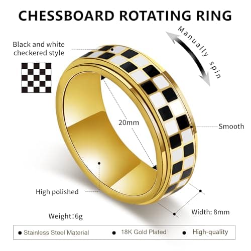 Checkerboard Fidget Ring for Men - 8mm Unique Black and White Checkered Anxiety Spinner Jewelry for Adults, Stainless Steel Roating Ring for Stress Relief, Modern Jewelry Gift for Men Women (Gold, 8) - Thumbnail 6