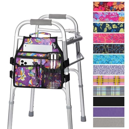 supregear Walker Side Bag, Storage Pouch w/Cup Holder for Folding Walker, Waterproof Caddy Basket for Side Bar Accessory Attachment for Seniors Elderly, Double Sided Organizer