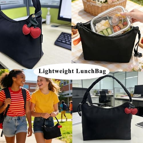 TTCAYU Lunch Bag Women Small Insulated Lunch Box Cute Lunchboxs Lightweight Cooler Bag For Work Picnic Travel (BLACK-lunch bag) - Thumbnail 2
