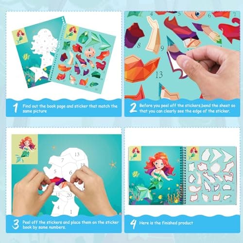 homicozy 4PCS Sticker Paint Books for Kids Ages 4-10,Unicorn Mermaid Animals Designs Paint By Stickers,Sticker By Numbers,Party Birthday Gifts for Girls 4-10,Create 40 Pictures One Stickers at A Time - Thumbnail 6