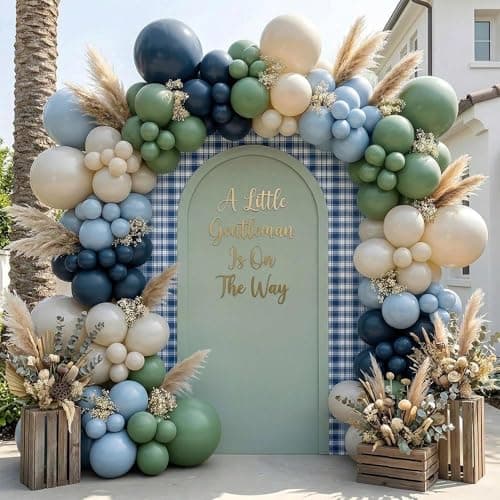Double Stuffed Navy Blue & Sage Green Balloon Garland Arch Kit, Multi-size Matte Dusty Blue Sand Latex Balloons for Baby Shower,Gentleman Theme Party,Birthday,Bridal Wedding,Graduation - Image 1