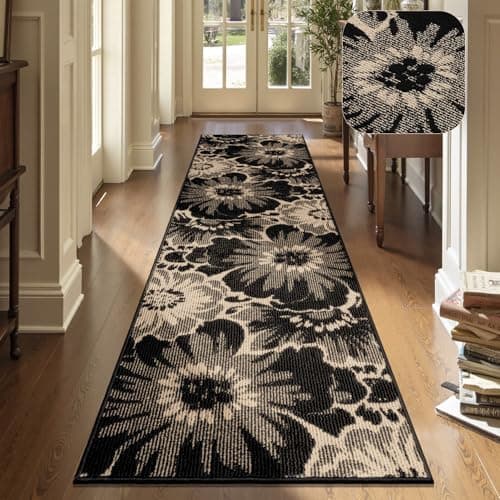 Findosom Hallway Runner Rug 2x8, Non Slip High-Low Textured Floral Washable Runner Rug with Rubber Backing, Boho Carpet Runner for Kitchen, Entryway, Bedroom, Laundry, Black & Beige - Image 1