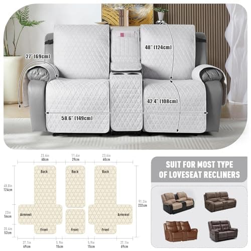 TAOCOCO 100% Waterproof Loveseat Recliner Covers with Console, Non Slip Recliner Covers that Stay in Place, Split Seat Design Washable Reclining Loveseat Cover with Elastic Straps, Off White - Thumbnail 3