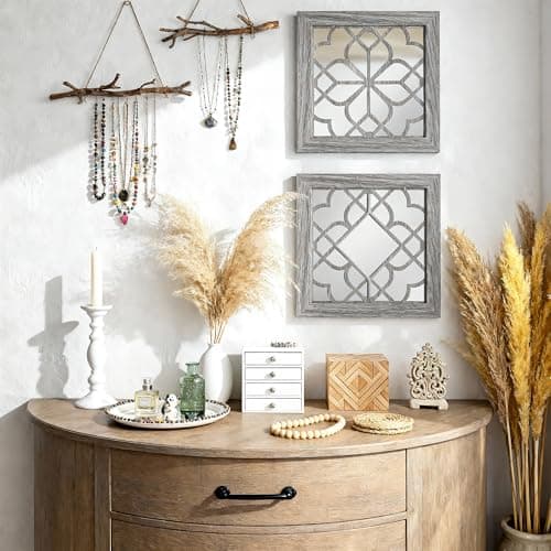 HMANGE Boho Wall Mirror Decor, Set of 2 Rustic Farmhouse Accent Mirror 12x12 Inch, Square Shatterproof Vintage Style Mirrors for Wall, Small Decorative Mirrors for Living Room, Bedroom(Brown) - Thumbnail 2