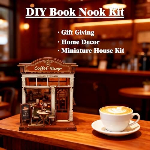 Joibabe 3D Wooden Coffee Shop Book Nook Kit - DIY Miniature Model with LED Lights, 143 Precision-Cut Pieces for Adults & Teens (1:24 Scale, Stress Relief Craft Gift) - Thumbnail 4