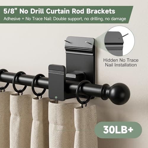 EKOTTOK No Drill Curtain Rod Brackets for 5/8" Rod, Heavy Duty 30LB+, Adhesive & Invisible Nail Curtain Rod Holders, Damage-Free Wall Mount Hooks for Bathroom, Kitchen, Bedroom (8PC, Black) - Thumbnail 2