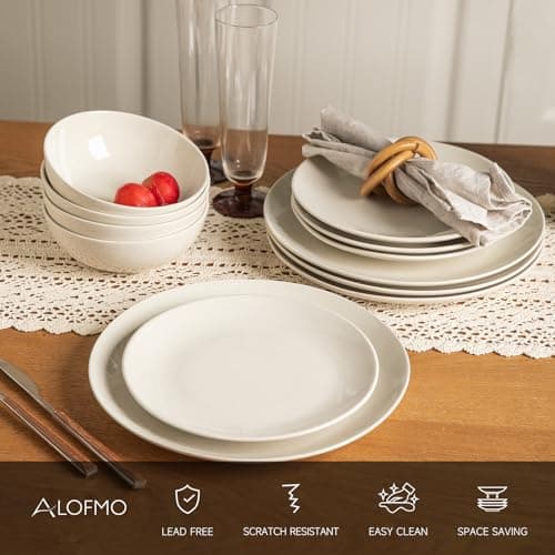 ALOFMO Ceramic Dinnerware Sets for 4,12 Pieces Plates and Bowls Sets, Plates Pasta Bowls Soup Bowls, Modern Stoneware Dishes, Reaction Glaze (White) - Thumbnail 3