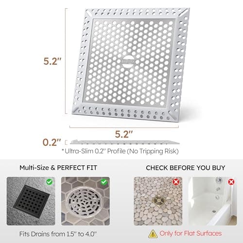 BAOTIYA Not Moving Shower Drain Hair Catcher,Effective Hair Catcher Shower Drain,Square Flat Shower Drain Cover Protector Filter,Efficient Drainage,Hair Trap Stopper (Gray, 4 inch) - Thumbnail 3