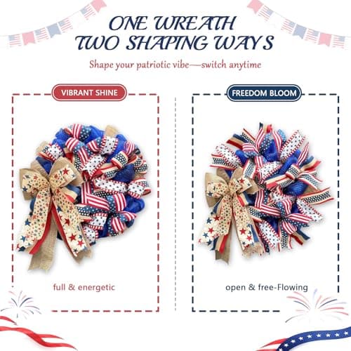 Presentastic 250th Anniversary Patriotic Wreath for Front Door, 24 Inch Large 4th of July Decorations, Handcrafted Ribbon Burlap Bow, Red White and Blue Memorial Day Wreath with Lights & Storage Bag - Thumbnail 5