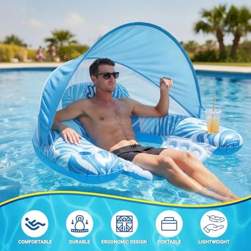 Pool Float for Adults with Canopy, XL Inflatable Chair Lounge Floaties with Adjustable Sun Shade Cover, Drink Holder, Ergonomic Headrest - Thumbnail 5