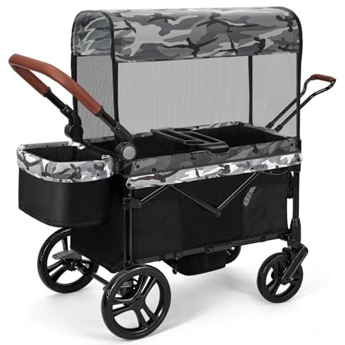 ELEMARA All-Terrain Stroller Wagon for 2 Kids, Foldable Kids Wagon Stroller Includes Removable Canopy,Mosquito net, Adjustable Push＆Pull Handle,Snack Tray & Cup Holders, Storage Basket, Black+White