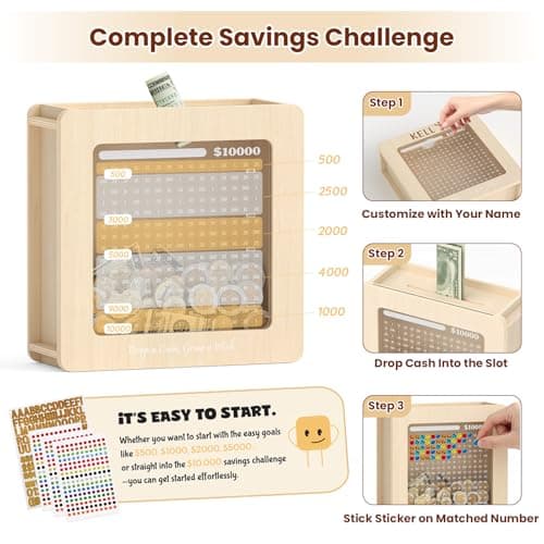 Summidate Wooden Money Saving Box: $10000 Challenge Cash Vault Piggy Bank - Thumbnail 2