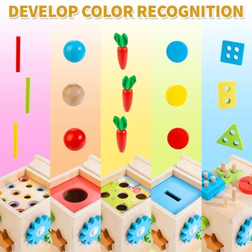 Kizfarm Wooden Montessori Baby Toys, 8-in-1 Wooden Play Kit Includes Object Permanent Box, Coin Box, Carrot Harvest, Shape Sorting & Stacking - Birthday Gift for Boys Girls Toddlers - Thumbnail 4