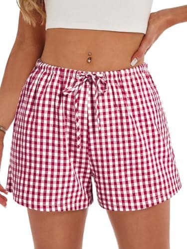 GKBK Boxer Shorts for Women Gingham Pajama 2026 Summer Sets Spring Casual Lounge Sleep Sleepwear Plaid Drawstring Shorts Y2K Beach Bottoms Trendy Clothes Fashion Clothing Red White Plaid XL - Thumbnail 4