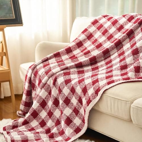 DXRZEXAM Stretch Knit Throw Blanket 47"x59" Soft Fleece Christmas Blanket All Season Breathable Non-Shedding Cozy for Couch Bed Office Lap Wrap Camping Trip 550GSM Khaki Beige Checkered - Image 1