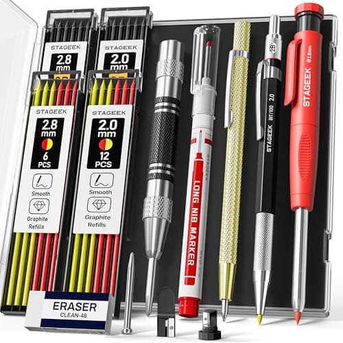 STAGEEK 14 Pack Carpenter Pencil Set with Sharpener, Mechanical Carpenter Pencils with 60 Refills, Deep Hole Long-Nib Marker Pens, Carbide Scribe Tool & Construction Pencils for Architect with Case