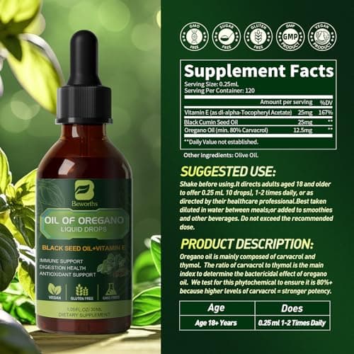 Oregano Oil Drops, Oil of Oregano with Black Seed Oil, Vitamin E, 80% Carvacrol Oregano Supplement Herbal Blend for Immune & Antioxidant Support, Digestive, Overall Health | Vegan | Non-GMO | 1 Fl Oz - Thumbnail 6