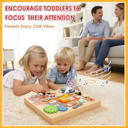 Wdmiya Montessori Busy Board for Toddlers 2-4, Fire Truck Activity Board with LED Lights & Sounds, Wooden Sensory Learning Toy with Rotary Phone, Helicopter & Gears, for 2 3 4 Year Old Boys Girls Gift - Thumbnail 6