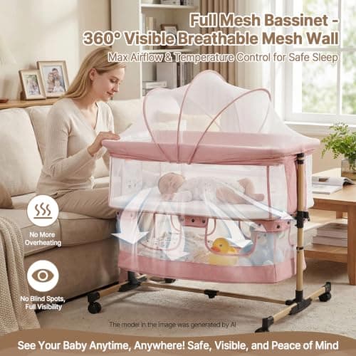cutebeams Baby Bassinet, 3 in 1 Infant Bassinet Bedside Sleeper, Bassinet with Cover, Rocking Bedside Bassinet for Baby with Storage Basket, Foldable & Adjustable Travel Crib (Light Pink) - Thumbnail 5