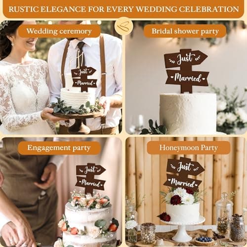 Stofinity Rustic Wedding Cake Toppers For Bride And Groom - Just Married Cake Topper Wedding Decorations, Wood Cakes Topper Sign For Engagement Bridal Shower Party Decorations - Thumbnail 4