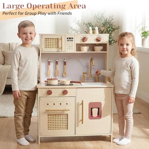 Wooden Kitchen Playsets for Kids, Pretend Play Kitchen with Realistic Clicking Sounds, Gold Faucet, Coffee Maker & Cooking Accessories, Set for Toddlers Boys Girls Age 3+ - Thumbnail 5