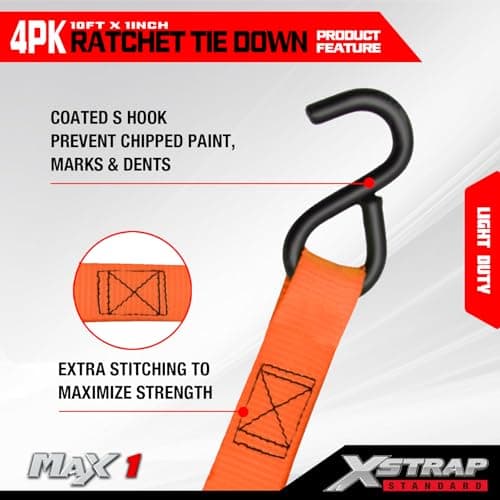 XSTRAP STANDARD Ratchet Tie Down Straps 4 Pk 10 Ft- 300 Lbs Load Cap- 900 Lbs Break Strength-Cargo Straps for UTV, ATV, Pickup,Truck, Moving Appliances, Lawn Equipment, Orange - Thumbnail 5