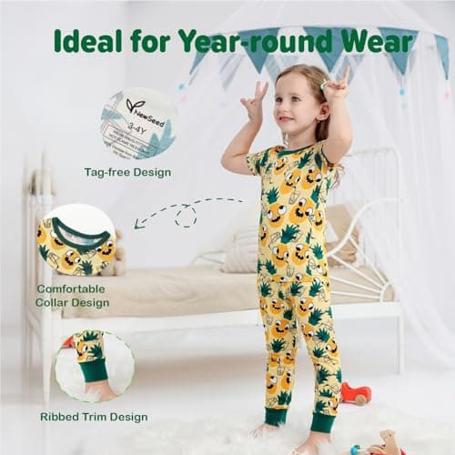 NewSeed Kids 2-Piece So Soft 2-Piece Playtime Set – Short Sleeve Crew Neck Top with Matching Leggings, Little to Big Kids (Pineapple, 2-3Y) - Thumbnail 5