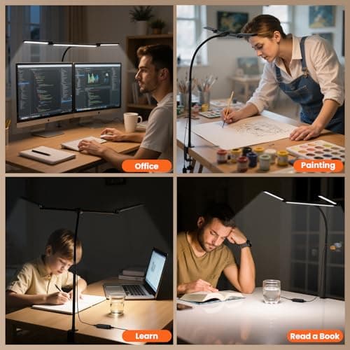 LED Desk Lamp for Office Home, 3 Light Bar Adjustable Desk Light with Clamp, Architect Table Lamp Computer Monitor Lighting, Stepless Dimming Eye-Caring Clip on Light for Workbench Reading Study Black - Thumbnail 6
