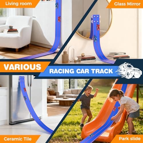 DKOXT 15 Ft Flexible Race Track for Kids, DIY Car Track Set with 2 Toy Cars & 3 Suction Cup Ramps, Easter Basket Stuffers for Teens & Boys Girls, Creative Easter Gifts for Kids, Blue - Thumbnail 5