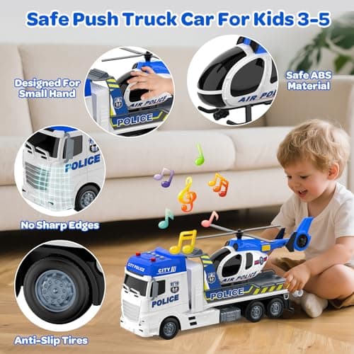 21.2 Inch Semi Police Truck Toy for 3 4 5 Years Old Boys - With Racing Car and Helicopter, Friction Powered Transport Truck Crane Vehicle with Lights and Sounds for Boy Christmas Birthday Gifts - Thumbnail 6