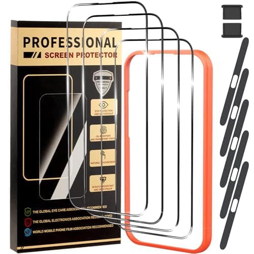 jpyyw 4 Pack for iPhone 17 Pro Max Screen Protector HD Tempered Glass Film Optional, with Install Frame, 9H+ Hardness Shatterproof Scratch Resistant Durable