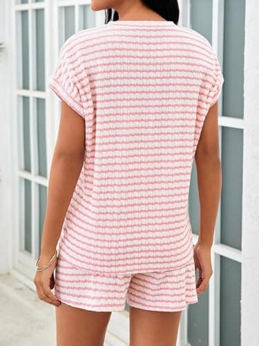 Tankaneo Womens Striped Summer 2 Piece Short Sets Short Sleeve T Shirts Drawstring Shorts Casual Outfits Lounge Pajama Sets - Thumbnail 5