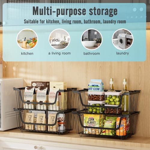 GAOKASE 6 Pcs Stackable Wire Baskets for Pantry Organizers and Storage,Vegetable Fruit Basket for Countertop,Kitchen Storage Metal Baskets,Produce Potato Onion Storage Bin,Black - Thumbnail 5