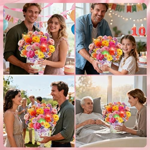 XTF2015 Birthday Cards with MUSIC & LIGHTS, Happy Birthday Card, Peony & Butterfly, 13 Inch Life Sized Forever Flower Bouquet 3D Pop Up Music Cards for Mom Daughter Women Wife - Thumbnail 6