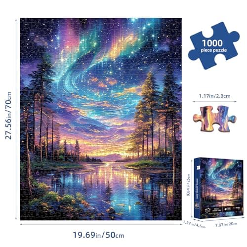 Starry Aurora Lake Puzzles for Adults 1000 Pieces,Impossible Hard Challenging Jigsaw Puzzles,Thick Pieces with Matte Finish,Relaxing Night Sky Wall Art Decor,Stress Relief Gifts for Mom Dad - Thumbnail 5