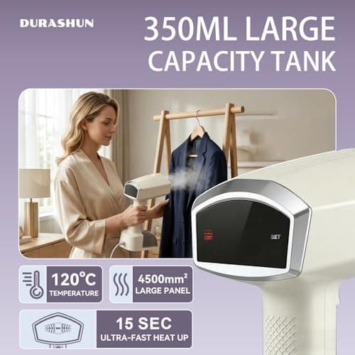 DURASHUN Handheld Garment Steamer for Clothes, 2-in-1 Steamer Iron with LED Display, 1400W Fast Heating, 15s Preheat, 3-Speed Steam, 350ML Removable Tank, for All Fabrics & Multi-Scenario Use (Beige) - Thumbnail 3